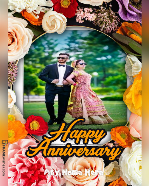 Happy Wedding Anniversary Photo Frame With Giant Flowers